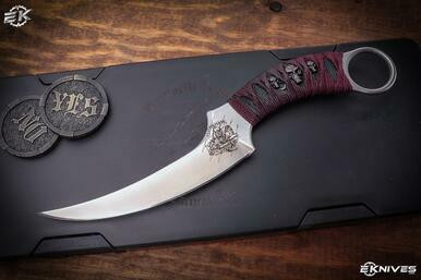 Bastinelli Knives Mako Custom Red Tsuka Wrap, Triple Skull Menuki