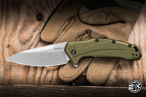 Kershaw Link Assisted Flipper Knife Olive Green Aluminum 3.25" MagnaCut Stonewash 1776OLSW