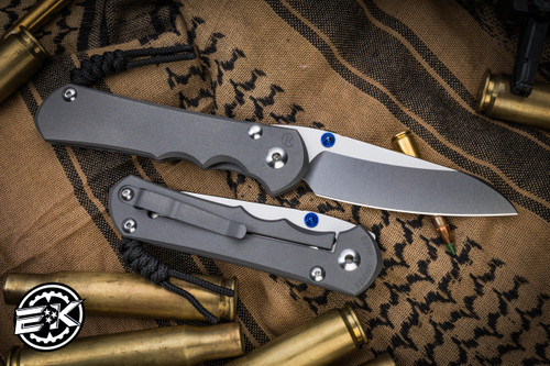 Left Hand-Chris Reeve Knives Large Inkosi Folding Knife Sandblasted Titanium, Blue Accents 3.6" MagnaCut Insingo Stonewash LIN-1023