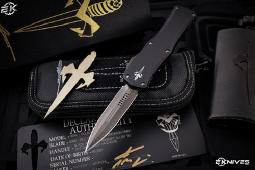 Marfione Custom Knives Hera AUTO OTF Knife 3.125 M390 High Polished Double  Edge Dagger Blade, Black Aluminum Handles - KnifeCenter - 525-MCK