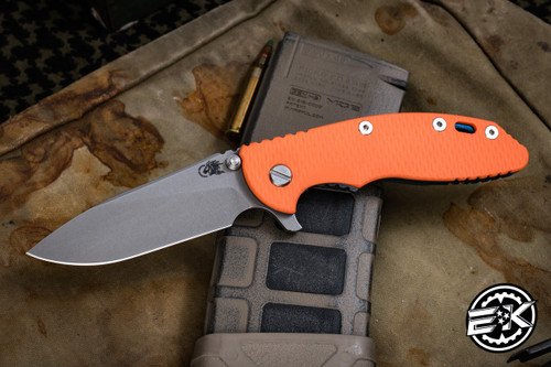 Rick Hinderer Knives XM-18 3.5" Slicer Knife Orange G10, Battle Blue