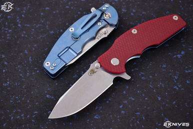 Rick Hinderer Knives Jurassic 3.5" Red G10/Stonewash Blue Spear Point Knife