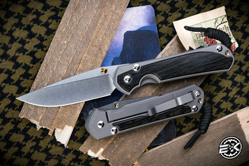 Chris Reeve Knives Large Sebenza 31 Bog Oak Inlay/Blasted Titanium MagnaCut Knife 3.6" Drop Point Stonewash L31-1100