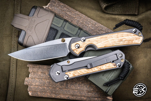 Chris Reeve Knives Large Sebenza 31 Folding Knife Glass Blasted Titanium,  Box Elder Inlay 3.6" MagnaCut Drop Point Stonewash L31-1108