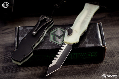 Heretic Knives Hydra Single-Action Jade G10 OTF Knife 3.6" Tanto Battleworn Black H006-8A-JADE