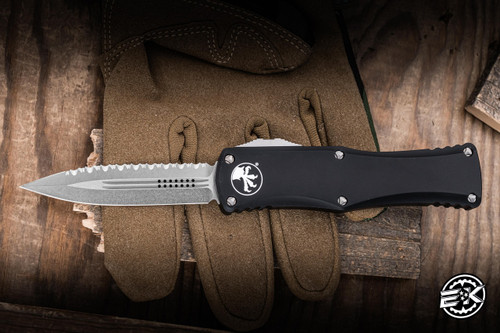 Microtech Hera OTF Automatic Knife Black Aluminum 3" M390 Dagger Stonewash Serrated 702-12