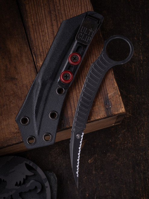 Microtech/Bastinelli Knives "Feather" Fixed Blade Knife 3" Distressed Black Full Serrated  215-3DBKS-FLAG