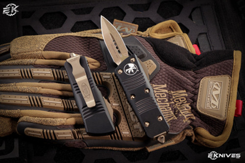 Microtech "Troodon Mini" OTF Automatic Cali Legal Knife Black 1.9" Dagger Bronze 238-13