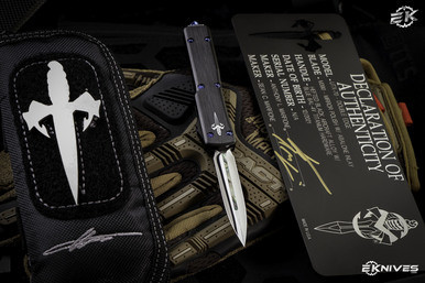 Microtech/Marfione Custom UTX-70 Black/Abalone Inlay OTF Automatic Blue Accents 2.4" Dagger Mirror Polish
