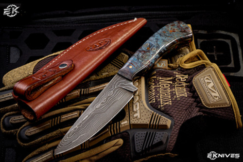 HT Customs "HossFly" Blue/Pink Box Elder Fixed Blade Knife 3.75" Damascus