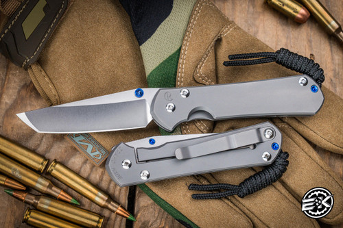 Chris Reeve Knives Small Sebenza 31 Folding Knife Glass Blasted Titanium, Blue Accents 3" MagnaCut Tanto S31-1687