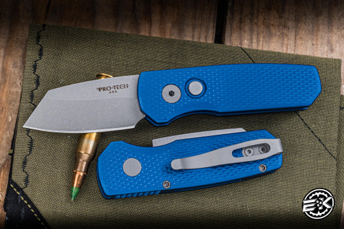Protech Runt 5 Textured Blue Aluminum Automatic Knife 2" Stonewash Reverse Tanto R5205