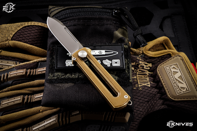 D Rocket Designs BarloX Manual Sliding OTF Bronze Al/Yellow G10 Knife 1.9" M390 Gunmetal PVD Katana