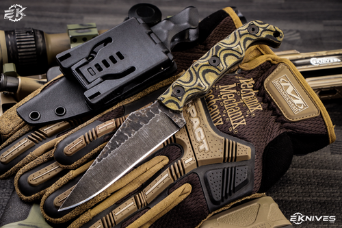 Stroup Knives Custom TU2 Fixed Blade Knife Camo Canvas Micarta 4.5" 1095 Carved Pike TU2-CAMO-C-S