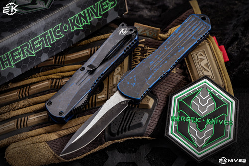 Heretic Knives Manticore E OTF Automatic Knife "Breakthrough Blue" 3" Recurve Battleworn Black H029-8A-BRKBLU