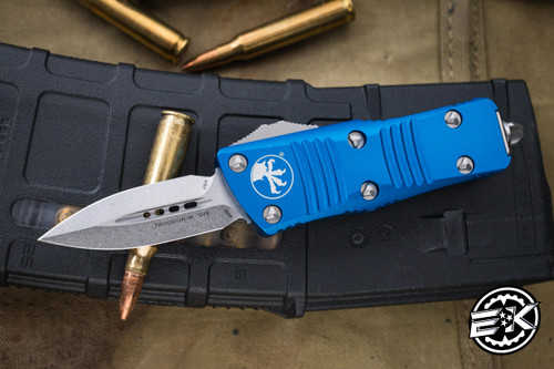 Microtech "Troodon Mini" OTF Automatic Cali Legal Knife Blue 1.9" Dagger Stonewash 238-10BL