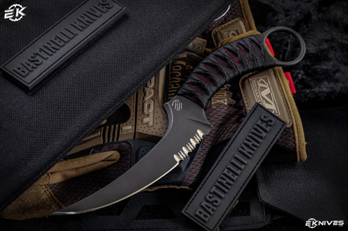 Bastinelli Knives "Mako" Black/Red Tsuka Wrap 4" Dark Stonewash Serrated