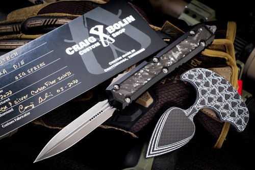 Microtech Makora Customized Black/Silver Carbon Fiber Inlay OTF Automatic Black 3.25" Apocalyptic SW Dagger  206-10APS (Preowned)
