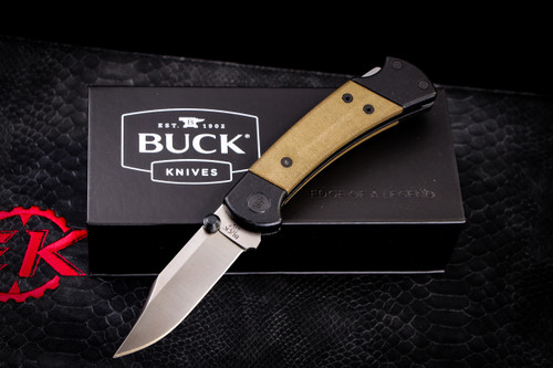 Buck 112 Ranger Sport Pro Folding Knife OD Green Canvas Micarta 3" S30V Clip Point Satin 0112GRS5