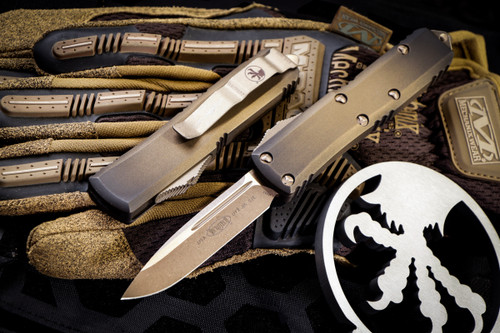 Microtech UTX-85 OTF Automatic Knife Antique Bronze 3.1" Bronze Apocalyptic Drop Point 231-13APABS