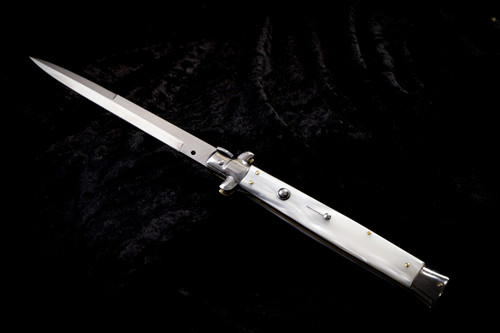 Frank B. 13" Italian Stiletto Automatic Knife White Pearlex 6" Satin Bayonet