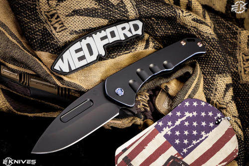 Medford Praetorian Slim Flipper Knife PVD w/Blue Pinstriping Titanium 3.3" S35VN Black PVD Drop Point