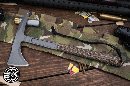 RMJ Tactical Kestrel Feather Tomahawk Hyena Brown G10 13" 80CRV2 Tungsten Grey