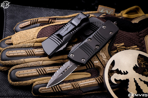 Microtech Troodon Mini Shadow OTF Automatic Cali Legal Knife Black 1.9" DLC Black Dagger Serrated 238-3DLCTSH