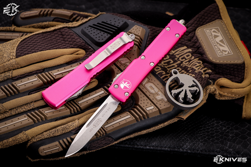 Microtech UTX-70 OTF Automatic Knife Pink 2.4" Drop-Point Stonewash 148-10PK