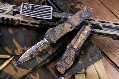 Microtech Combat Troodon Delta Frag Coyote Camo 3.8" Coyote Camo Dagger Serrated 142-3FRCCS