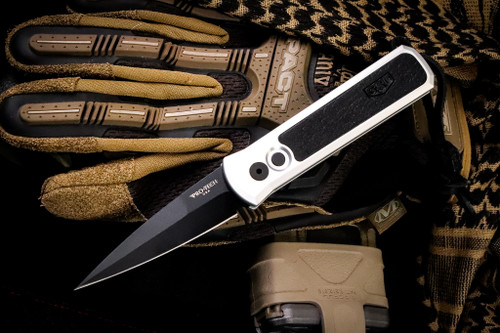 ProTech GSD Godson Automatic Knife Silver/Black Leather 3.15" Black Spear Point 7GSD-2