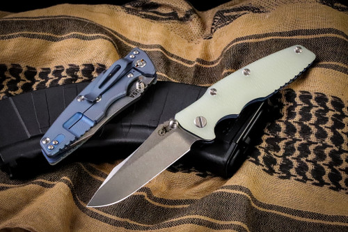 Rick Hinderer Knives "EKclusive" EKlipse Non-Flipper Translucent Green G10, Battle Blue 3.5" Spearpoint Stonewash