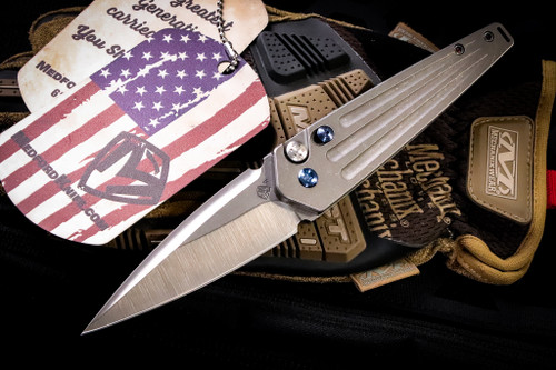 Medford Nosferatu Auto Knife Tumbled Titanium, Brushed Blue HW/Clip 3.5" S35VN Tumbled Spike