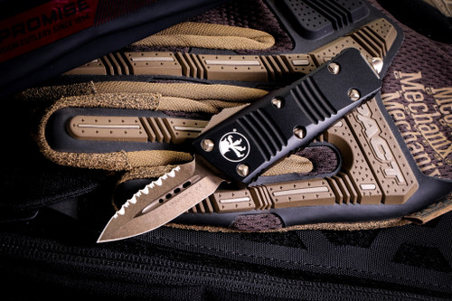 Microtech "Troodon Mini" OTF Automatic Cali Legal Knife Black 1.9" Dagger Bronze Serrated 238-15