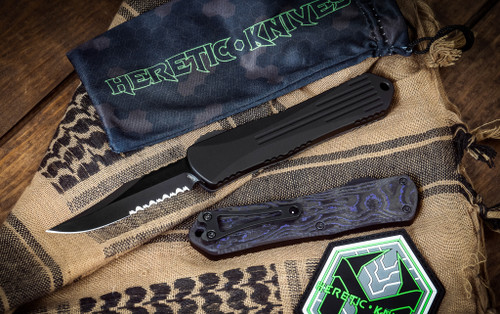 Heretic Knives Manticore E OTF Automatic Knife Black w/ Purple CF Camo Carbon 3" DLC Black Bowie Serrated H026B-6B-PUCF
