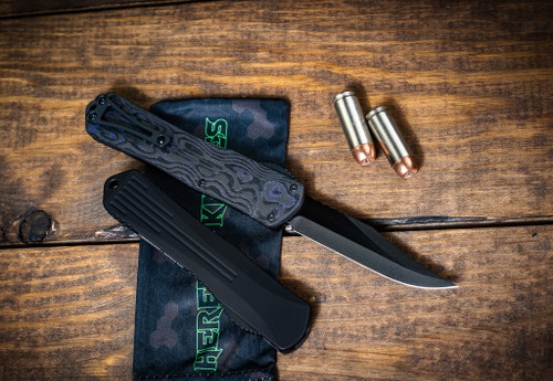 Heretic Knives Manticore X OTF Knife Black, Purple CF Camo Carbon 3.75" DLC Black Bowie H030B-6A-PUCF