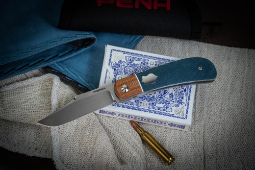 Enrique Pena Custom Lanny's Clip Front Flipper Blue Micarta 3" Hand Rubbed