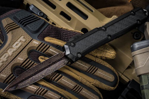 Marfione Custom Makora Carbon Fiber OTF Automatic Knife 3.25" Hot Blued Vines Roses Damascus Dagger