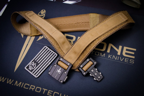 Microtech Knives APIS Coyote Tan Tactical Nylon Belt w/ Marfione Dagger Logo Aluminum Buckle Size 34