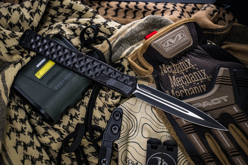 Heretic Knives "Cleric 2" OTF Black Aluminum/Textured Stainless Inlay 4.25" Black Two Tone Dagger H020-10-T