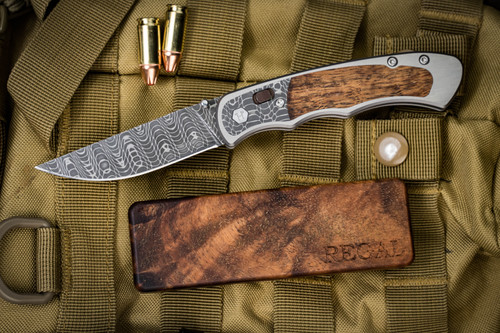 Harber Brand "Regal" Folding Knife Titanium Koa Wood Inlay 2.8" Vegas Forge Damascus 