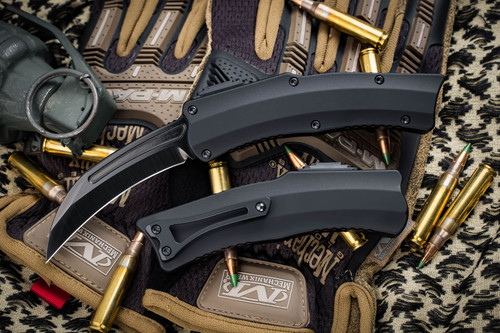 Heretic Knives Roc OTF Automatic Curved Knife Black 3" Hand Ground DLC