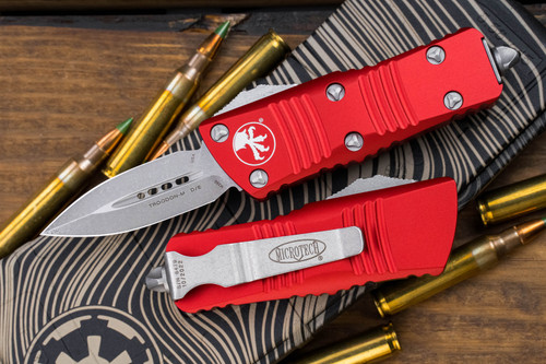 Microtech "Troodon Mini" OTF Automatic Cali Legal Knife Red 1.9" Dagger Apocalyptic Stonewash 238-10APRD