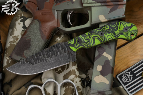 Stroup Knives Custom GP1 Fixed Blade Knife Black/Green Burl G10 4" 1095 Carved Drop Point GP1-OB/LGL-G10