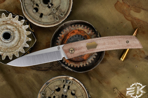 J. Oeser Knives F22 Kickstop Flipper Brown Micarta Bronze Hardware 3.3" M390