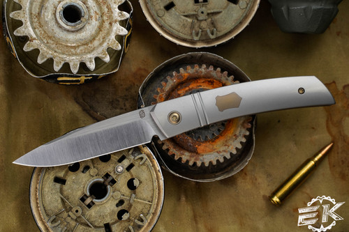 J. Oeser Knives F22 Kickstop Flipper Titanium Bronze Hardware 3.3" M390