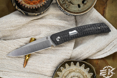 J. Oeser Knives F22 Kickstop Flipper Carbon Fiber Satin Hardware 3.3" M390