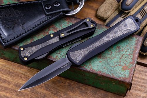 Heretic Knives Manticore E Black Fat Carbon Gold Dunes OTF Automatic Knife 3.2" Dagger DLC