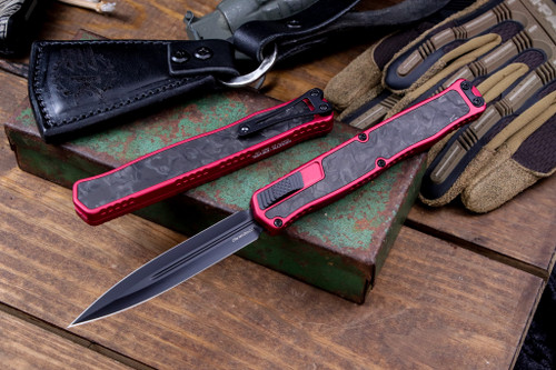Heretic Knives "Cleric 2" OTF Red Aluminum/Marbled Carbon Fiber Inlay 4.25" Black Dagger H020-4ARED