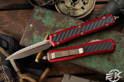 Microtech Makora Red Carbon Fiber Inlay OTF Knife (Nickel Boron Internals) 3.25" Dagger Bronze Serrated 206-15RDCFIS 